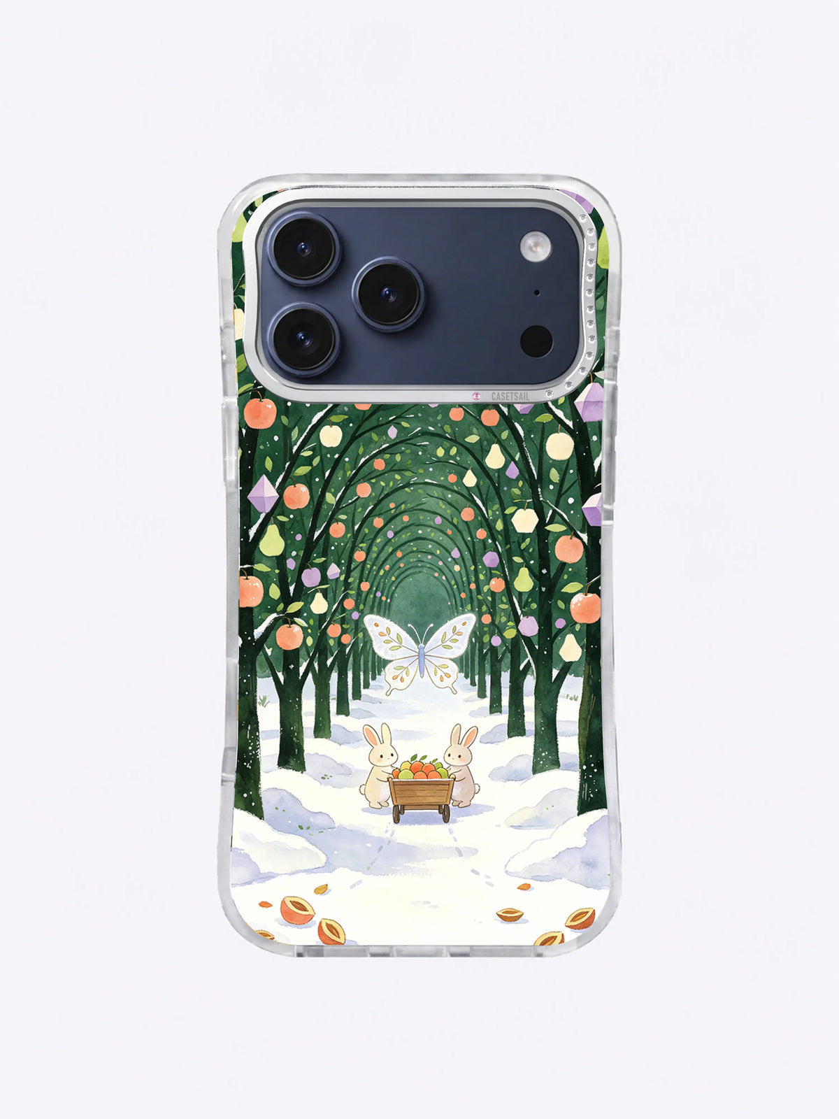 Frostwing Orchard iPhone 17 Pro Max case with oversized frost butterfly above a geometric fruit-tree tunnel