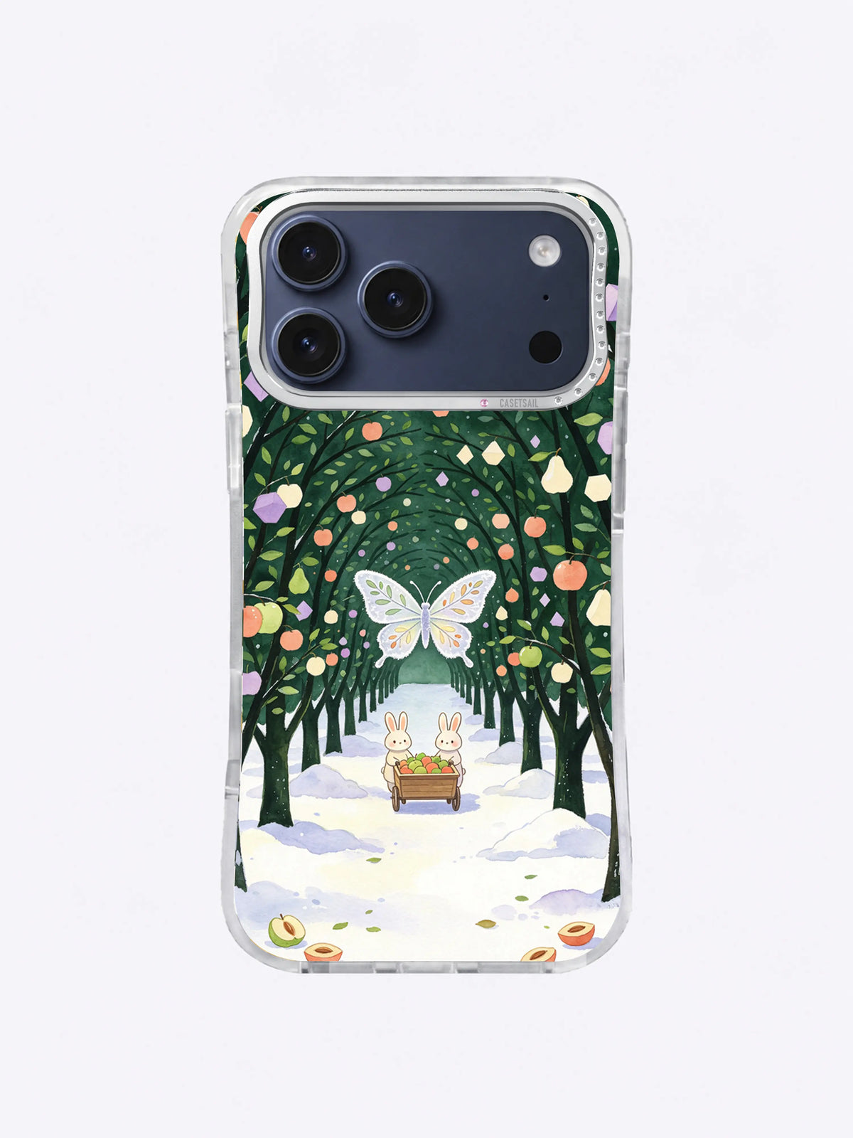 Frostwing Orchard iPhone 17 Pro Max case with cream butterfly, coral fruit and midnight-green orchard canopy