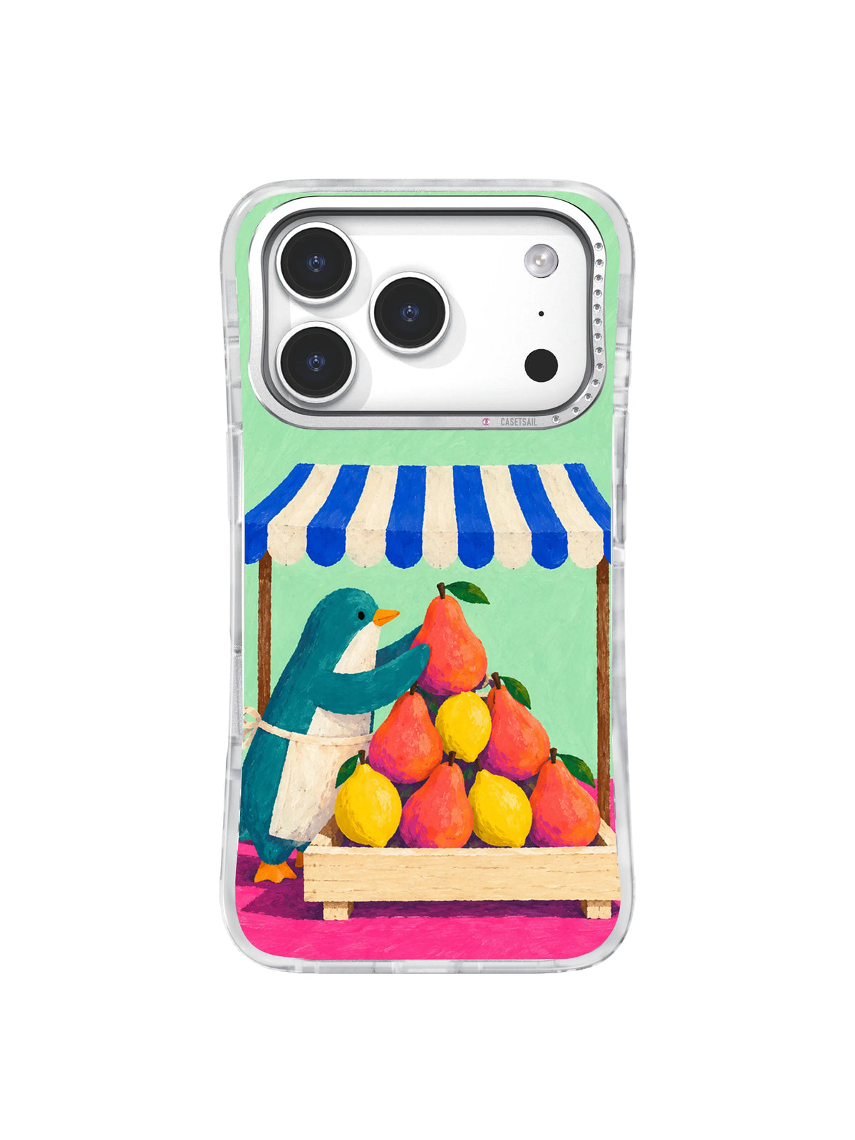 Teal penguin arranging coral pears and yellow lemons on an iPhone 17 Pro case