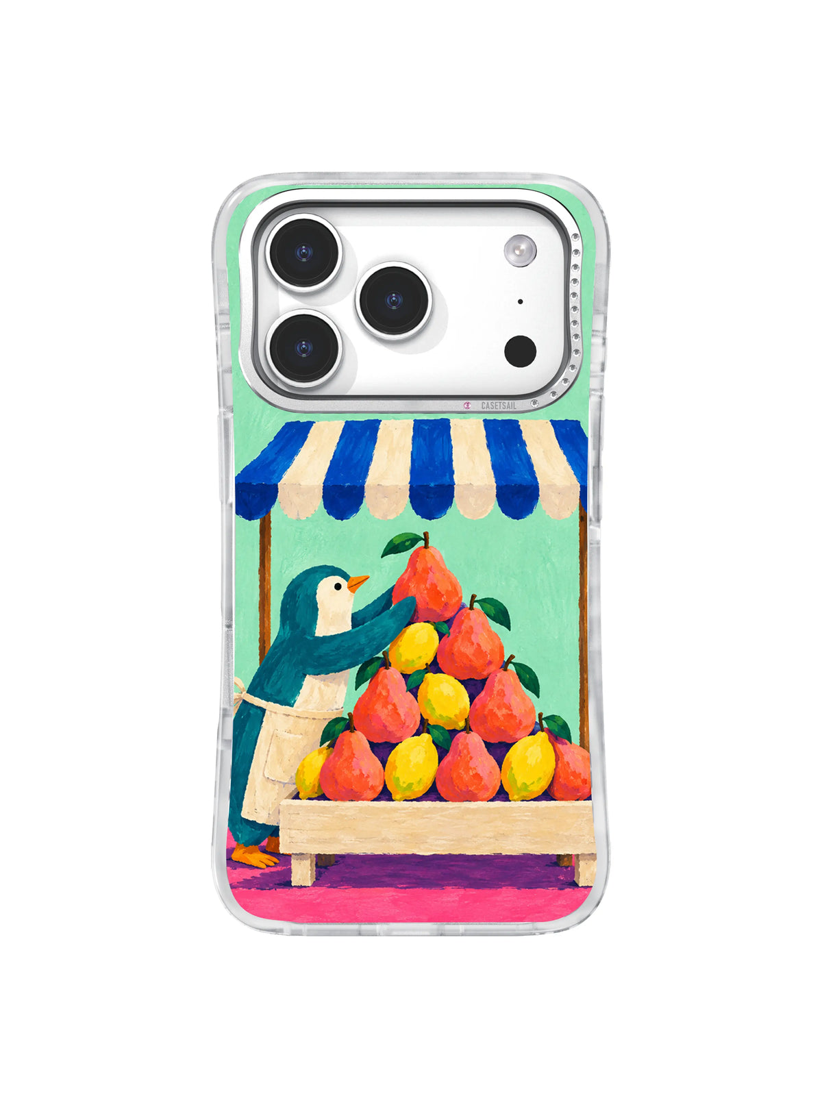 Penguin fruit vendor building a lemon base beneath coral pears on an iPhone 17 Pro case