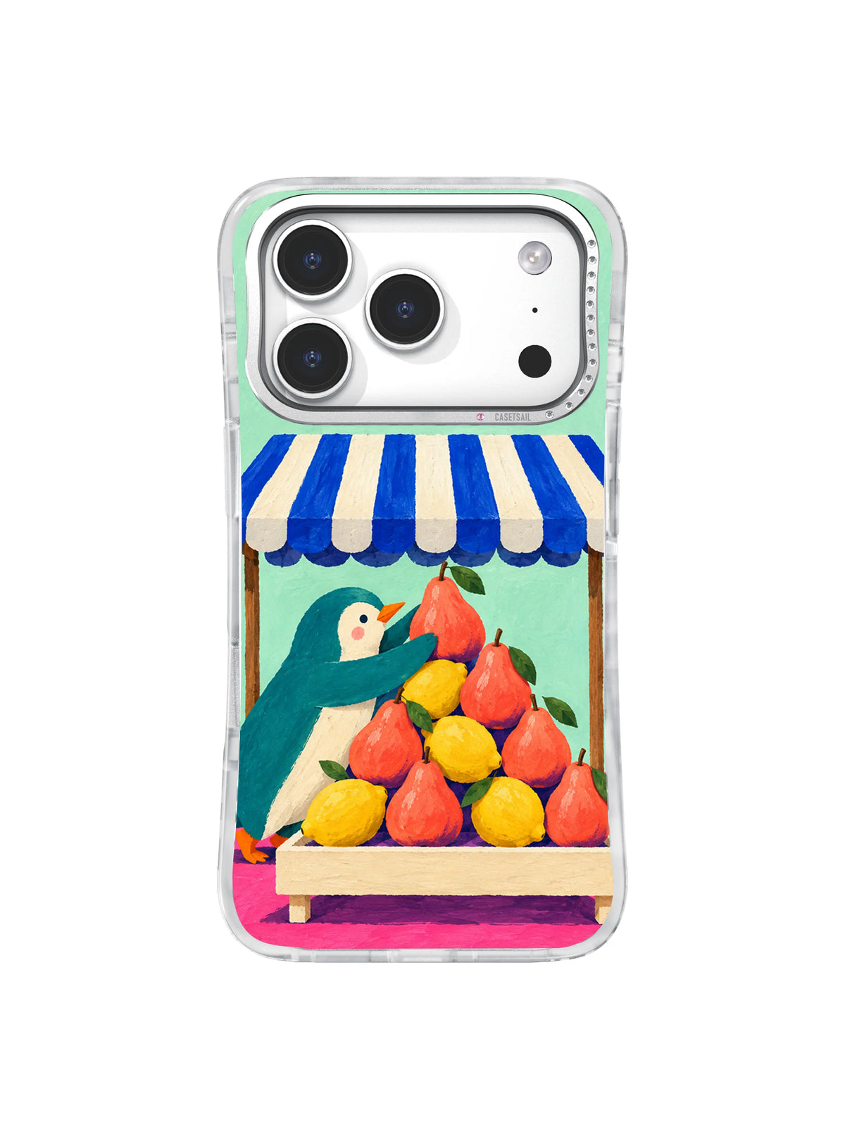 Finished fruit pyramid under a cobalt striped canopy on an iPhone 17 Pro case