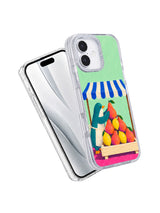 Angled transparent iPhone 17 Pro case with the penguin fruit vendor artwork