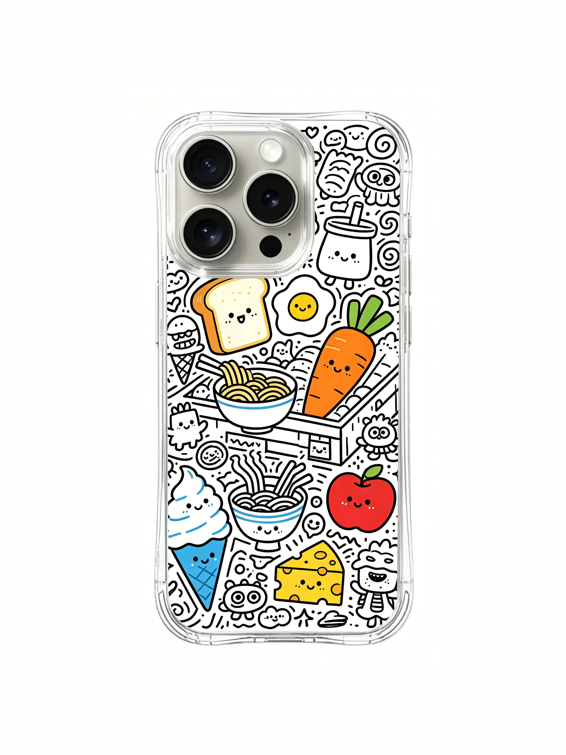 Fruit, veggie and bakery market doodle iPhone 15 pro Case, copyright protected art phone casing, eye-catching colorful phone cover by PhoneCasing.