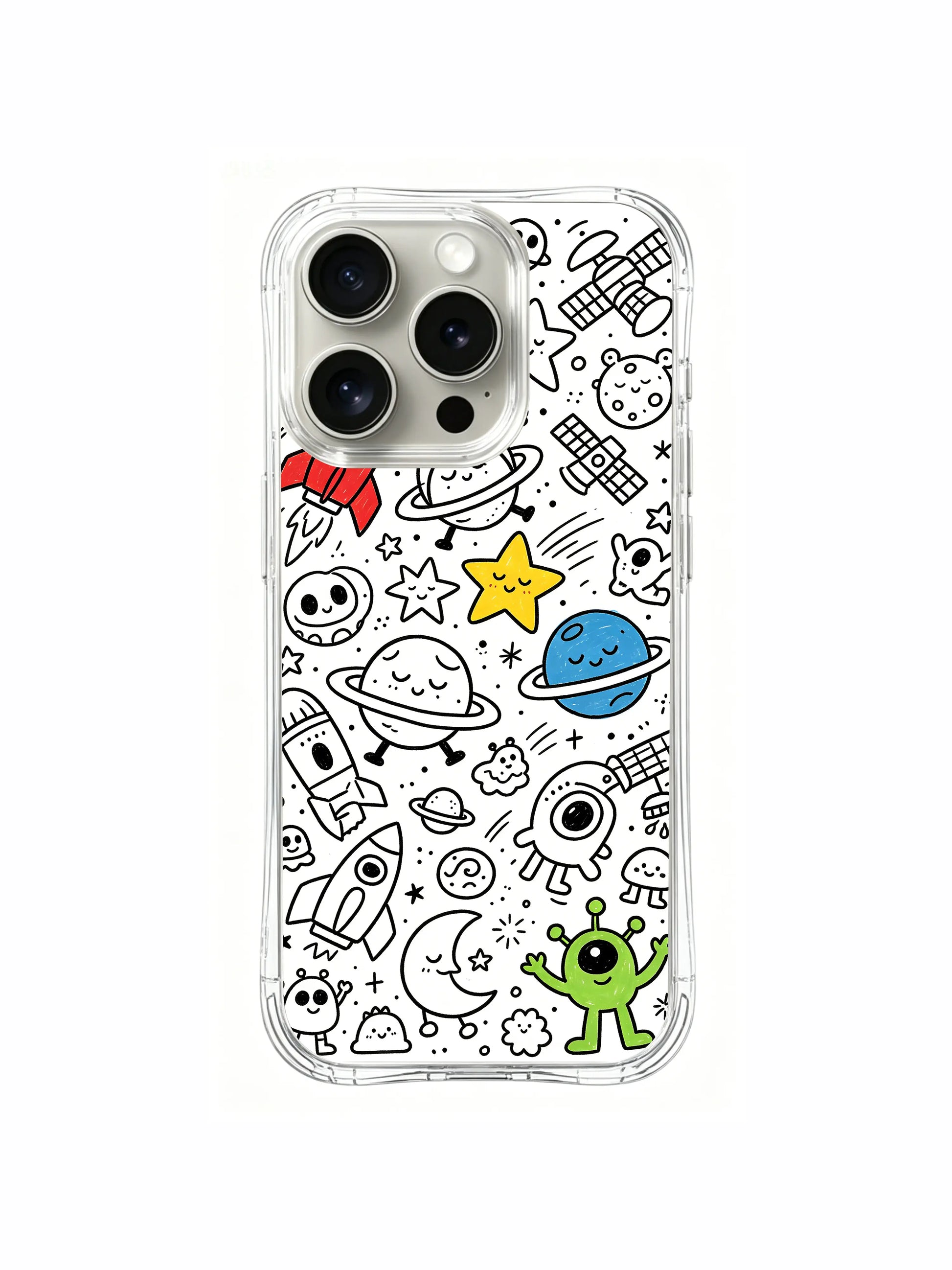 Full packed space villager doodle iPhone 15 pro Case, small-batch collectible phone casing with anti-yellow glossy finish, exclusive art phone cover manufactured by PhoneCasing.