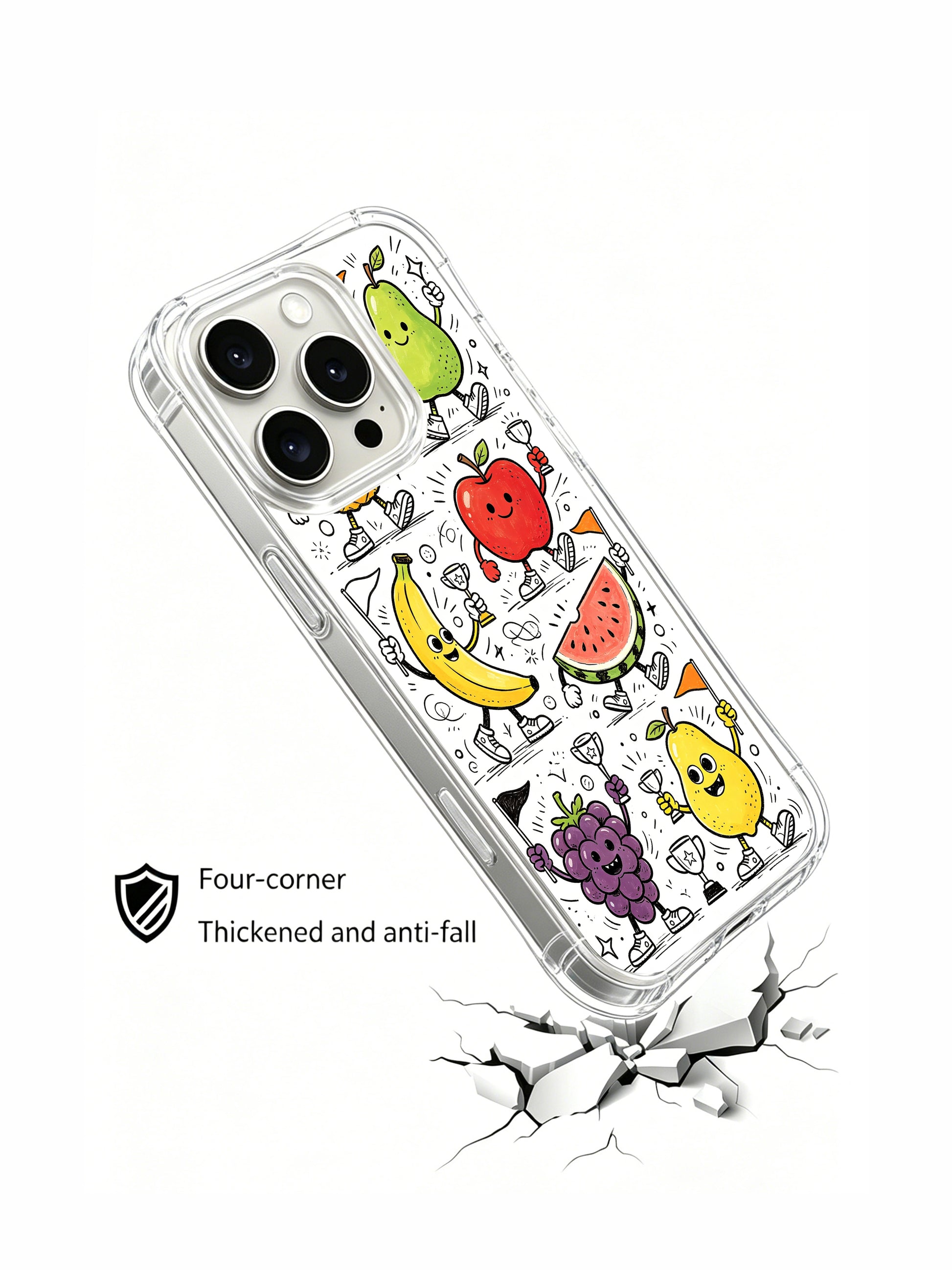  Full dense fruit creature sports day doodle iPhone 16 pro Case, small-batch collectible phone casing with anti-yellow glossy finish, exclusive art phone cover manufactured by PhoneCasing.