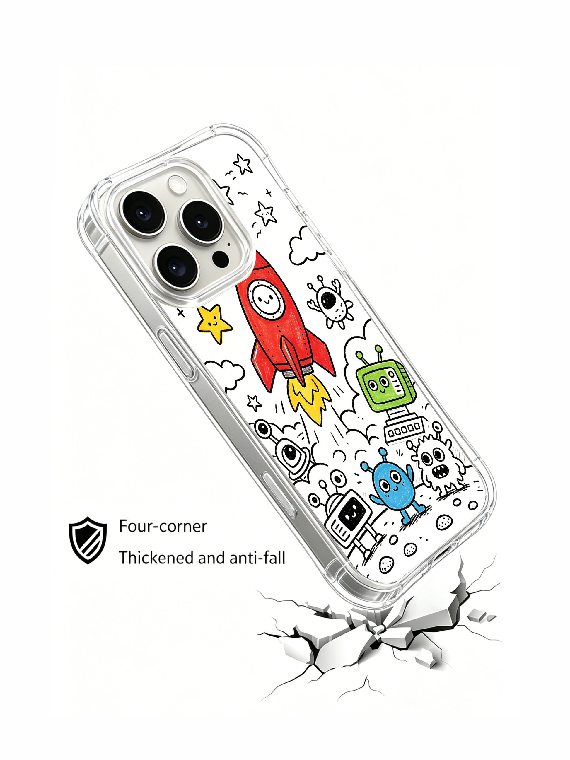  Full dense rocket launch site doodle iPhone 15 pro Case, small-batch collectible phone casing with anti-yellow glossy finish, exclusive art phone cover manufactured by PhoneCasing