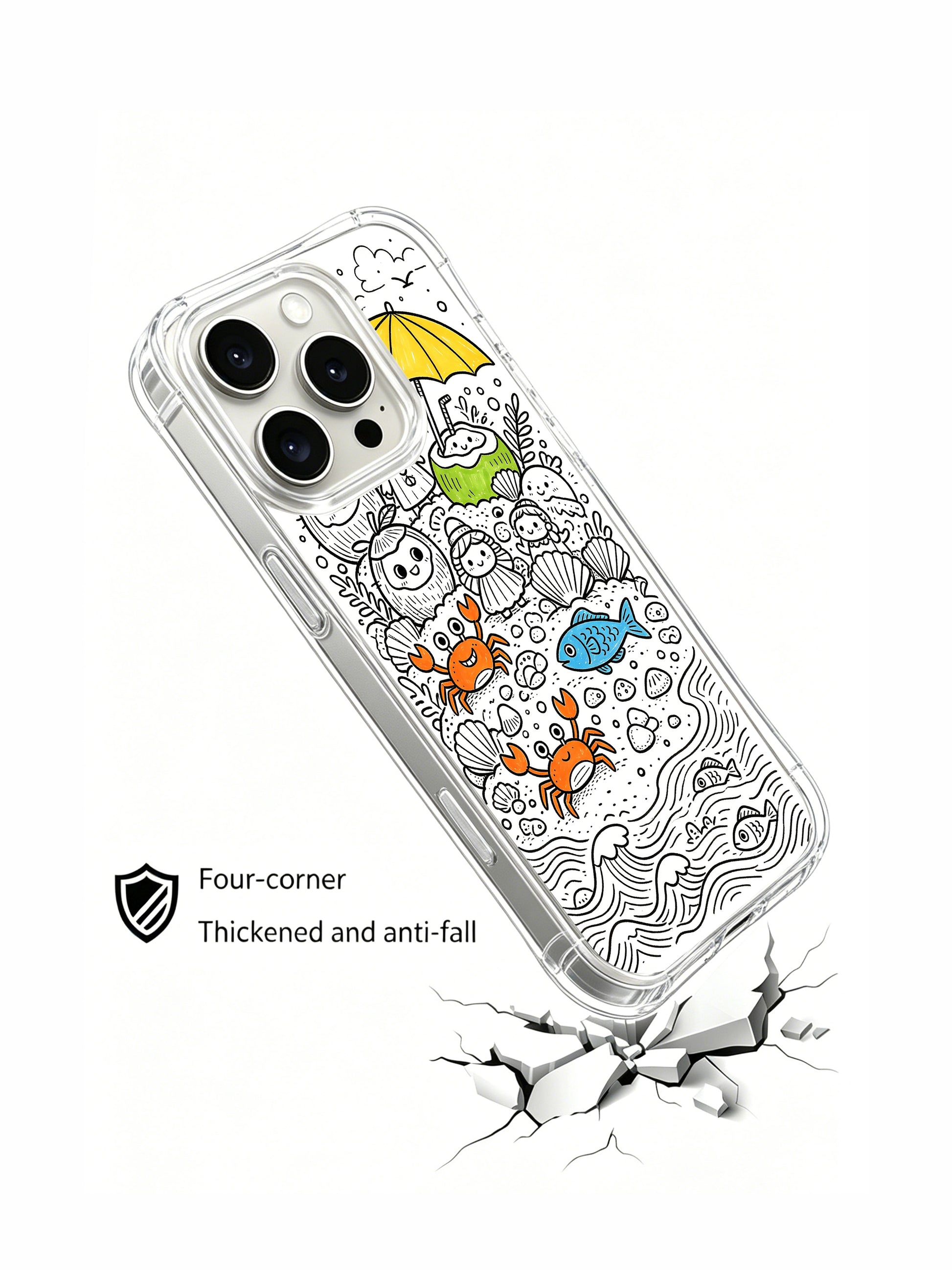 Full dense tropical island doodle iPhone 15 pro Case, small-batch collectible phone casing with anti-yellow glossy finish, exclusive art phone cover manufactured by PhoneCasing.