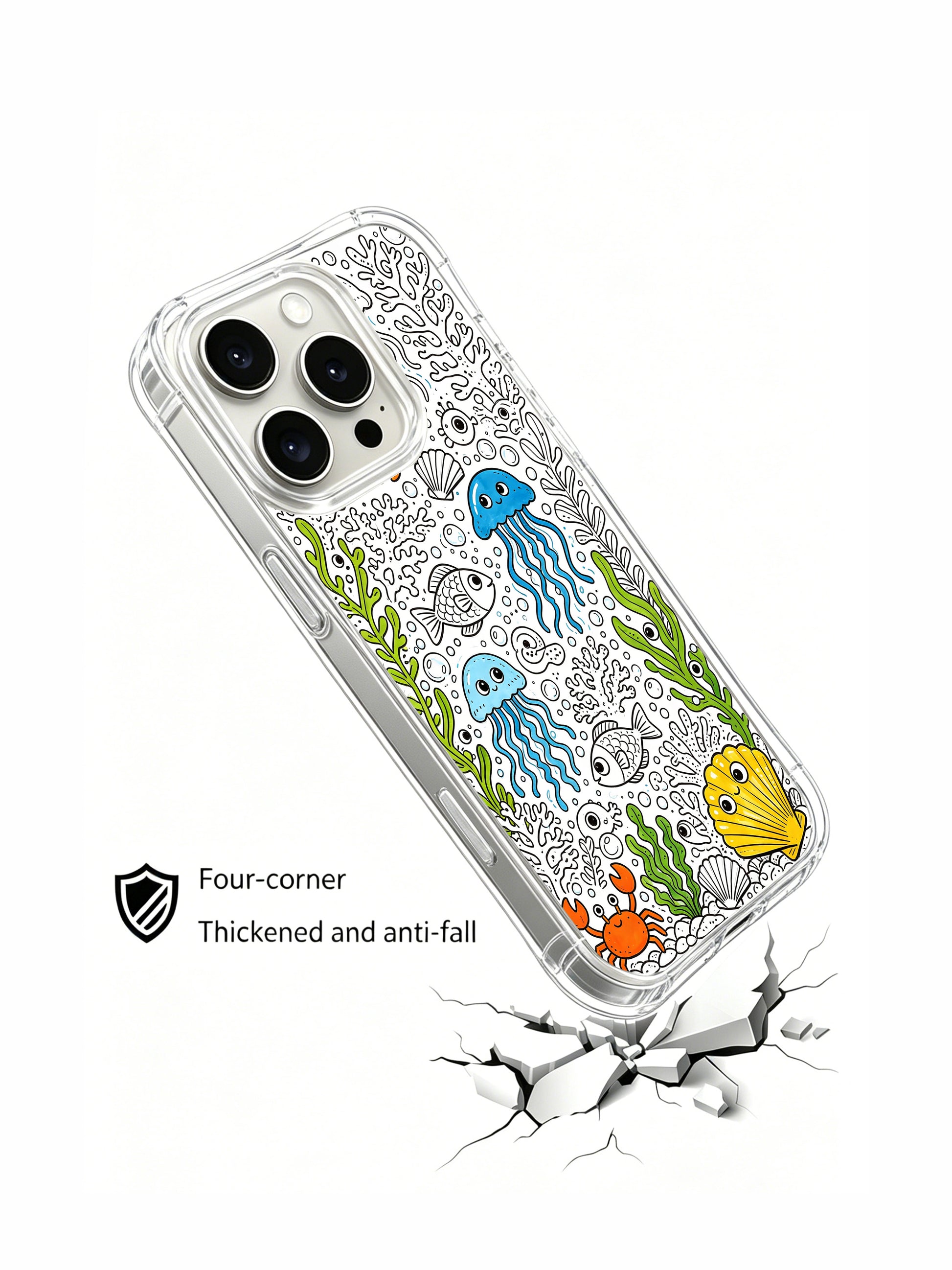 Full dense seabed council doodle iPhone 15 pro Case, small-batch collectible phone casing with anti-yellow glossy finish, exclusive art phone cover made by PhoneCasing.