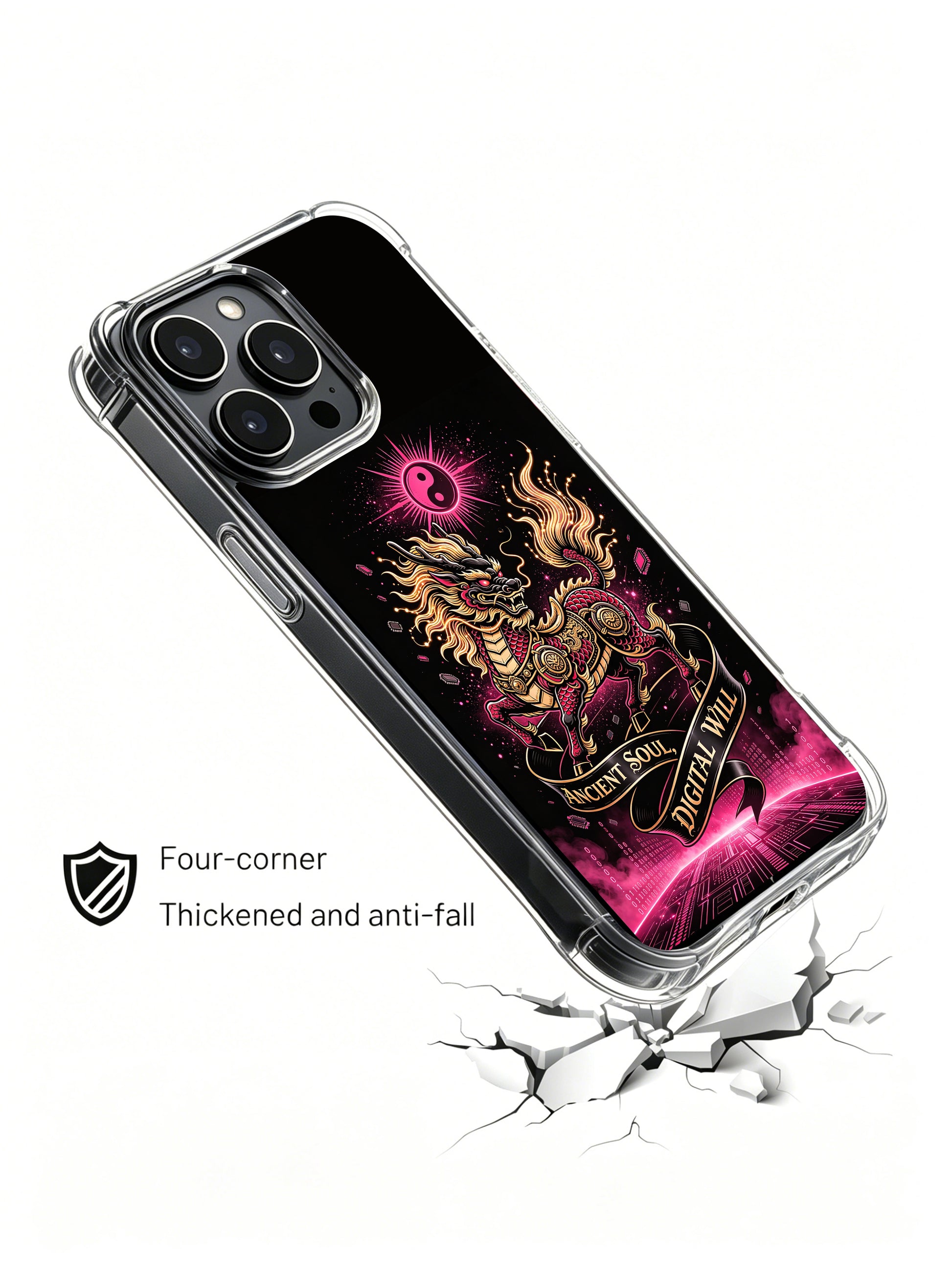 Obsidian texture functional scale kirin design PhoneCasing, premium iPhone 14 Plus Case, shockproof full coverage protective phone casing.