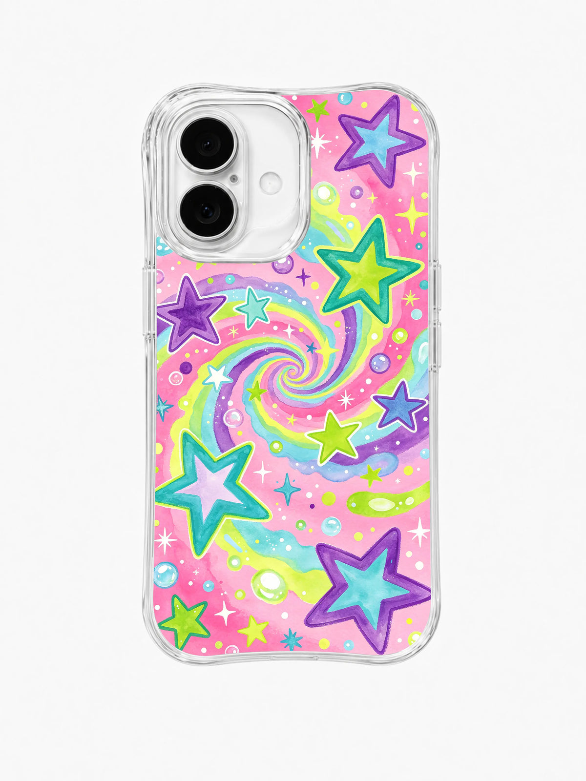 Galaxy Swirl Spark: A pastel spiral galaxy curls among bright stars and bubbles.