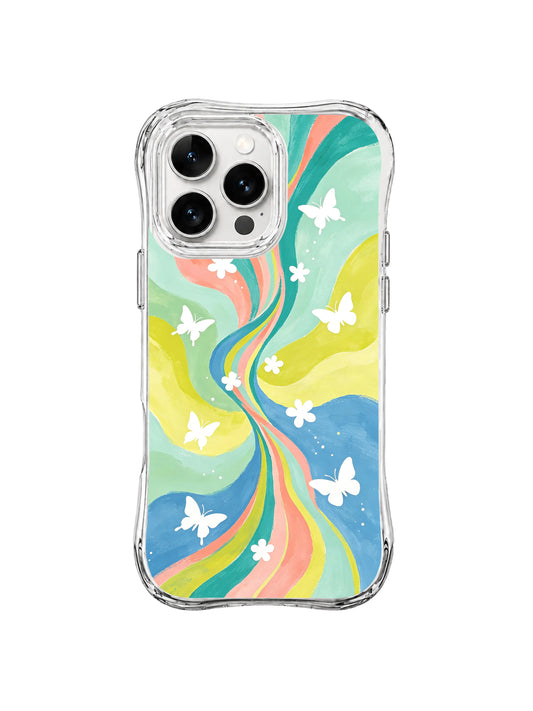Meadow Drift: White butterflies and flowers drift around a narrow multicolor current between blue, yellow and green fields.