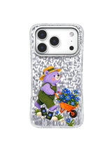 Lavender bear carrying cobalt daisies up a chartreuse hill