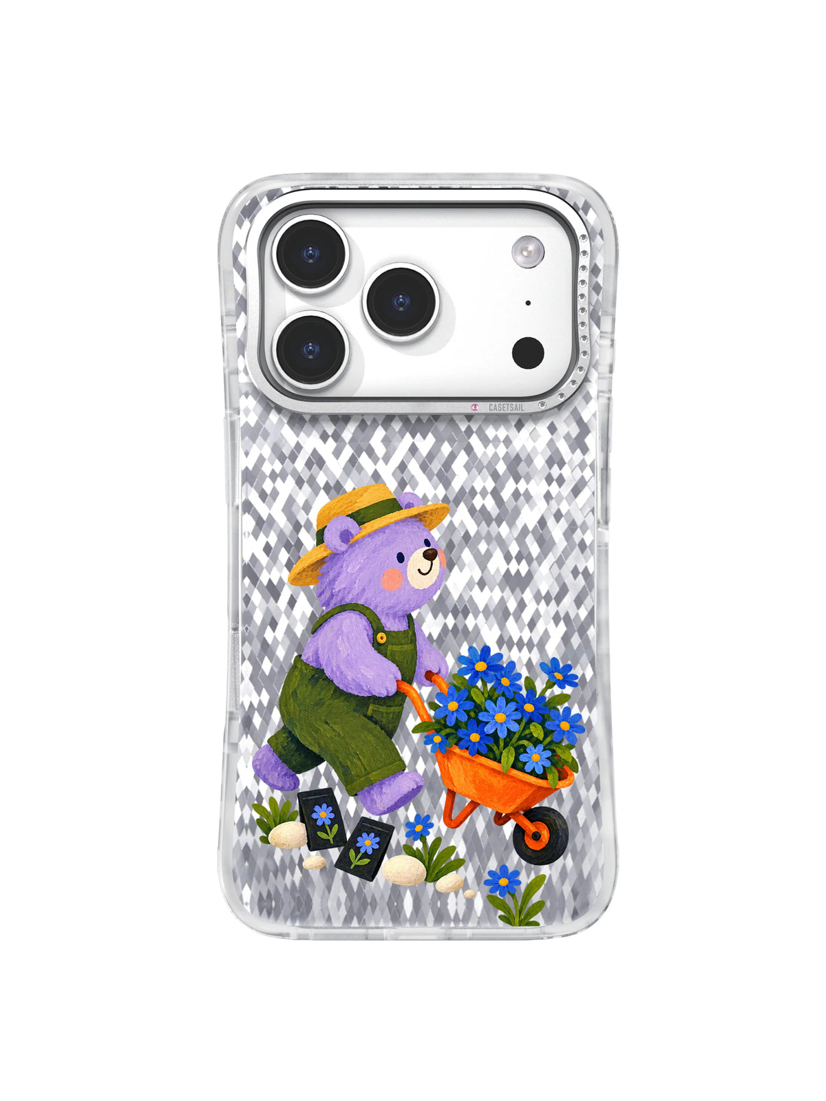 Lavender bear carrying cobalt daisies up a chartreuse hill