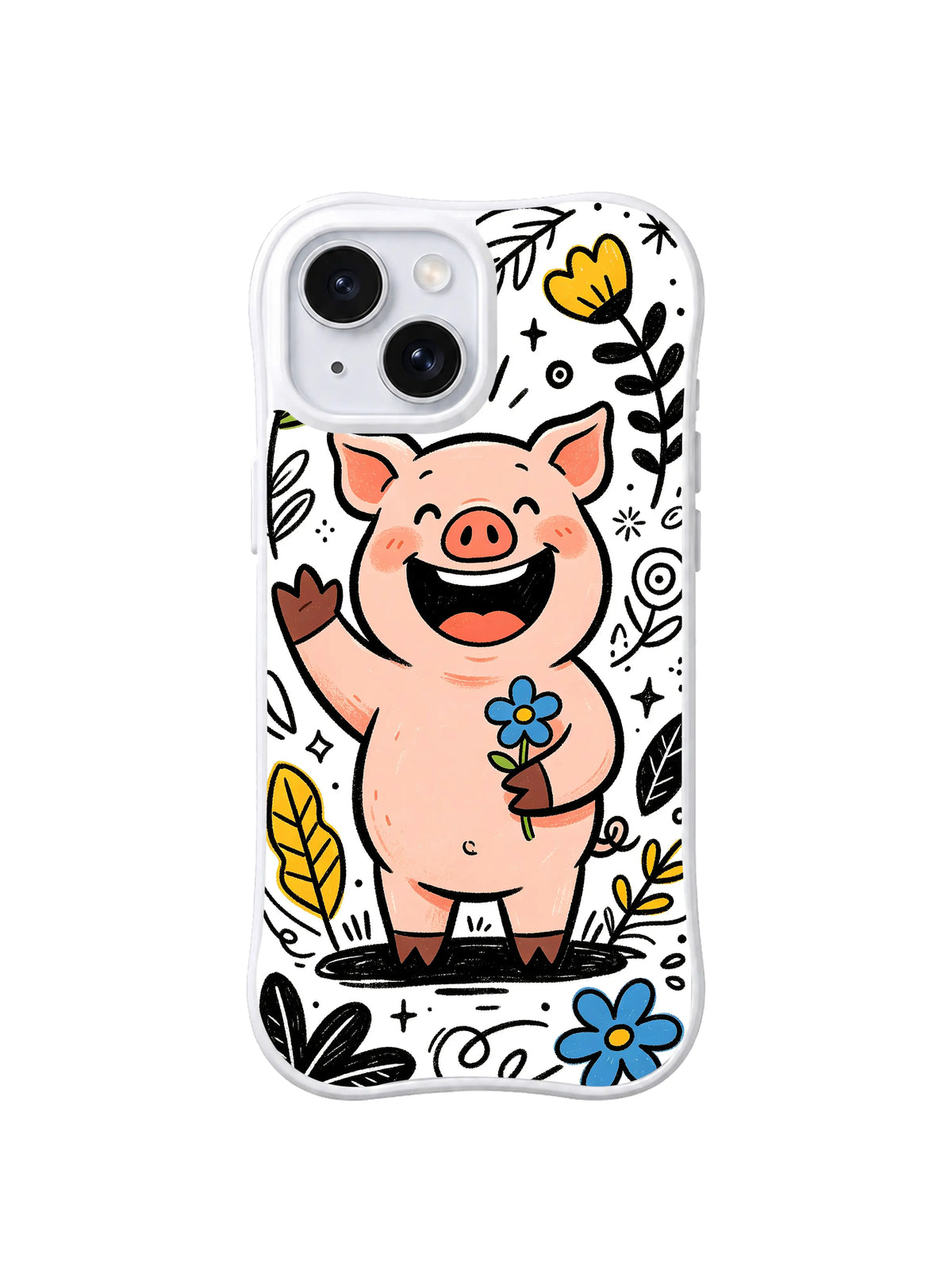 Garden Giggle Pig iPhone 13 case with waving pink pig holding a blue flower