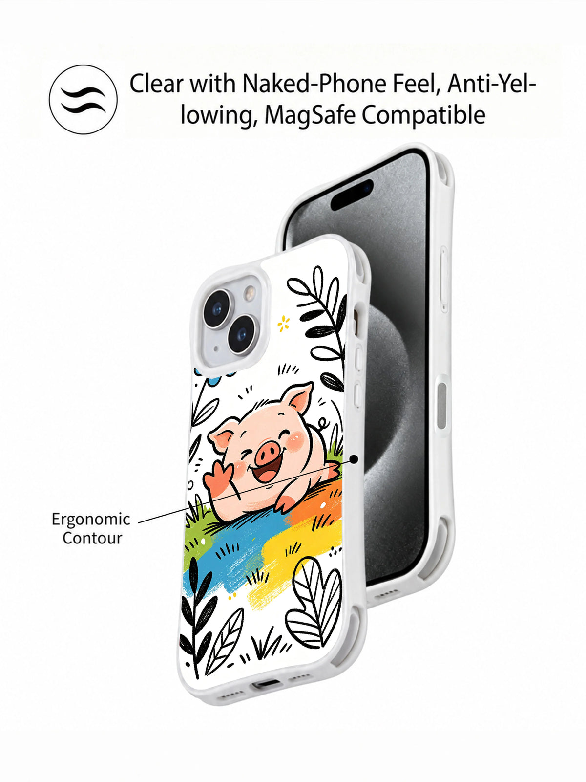 Garden Giggle Pig iPhone 13 case shown with clear contour and camera opening details