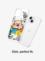 Garden Giggle Pig case shown beside an iPhone 13 in a fit demonstration