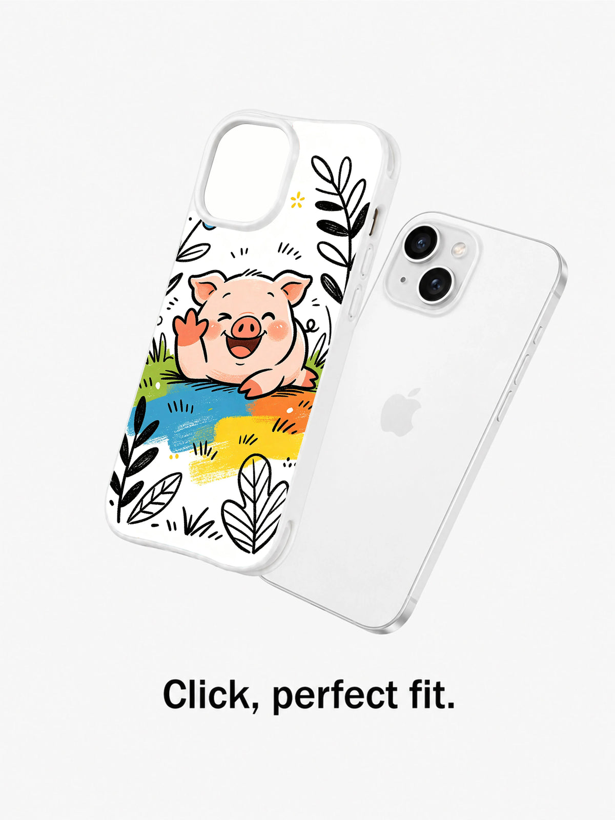 Garden Giggle Pig case shown beside an iPhone 13 in a fit demonstration