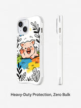 Angled and side profile views of Garden Giggle Pig iPhone 13 case