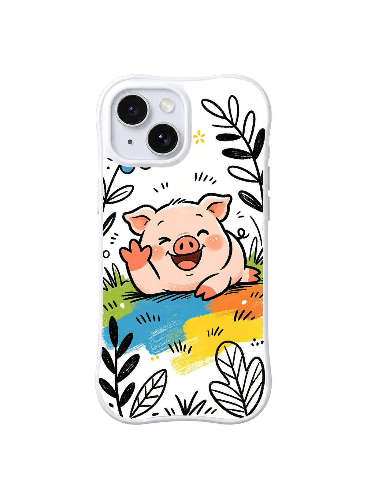 Garden Giggle Pig iPhone 13 case with happy waving pig above blue orange and yellow garden marks