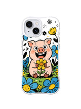 Garden Giggle Pig iPhone 13 case with smiling pig holding a yellow daisy among blue flowers