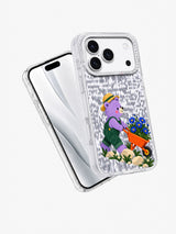Angled transparent phone case with lavender bear garden artwork