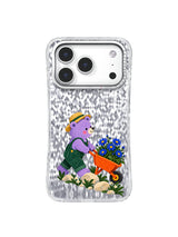 Front view of transparent iPhone case with Garden Up the Hill artwork