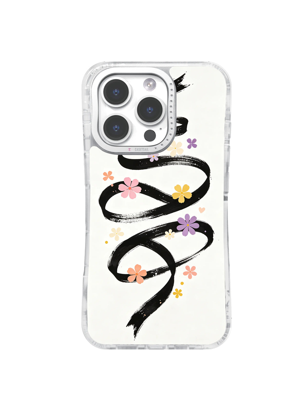 Garden Ribbon Loops bold black curves and pastel flowers case