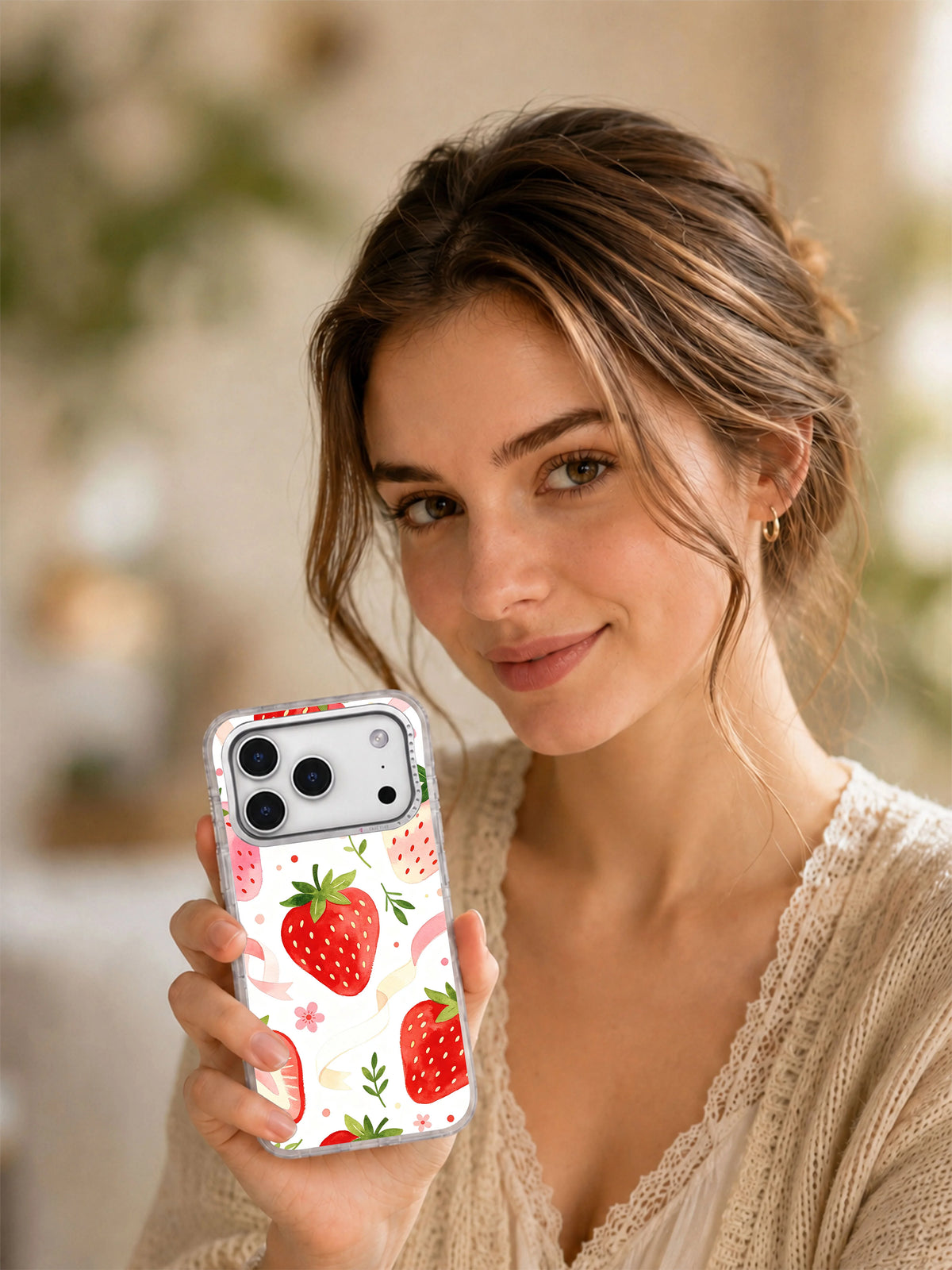 Product or handheld view of the Garden Strawberry Bow Party case
