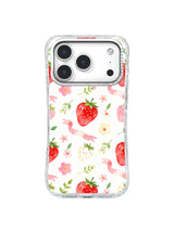 Strawberry Blossom Parade: Red and cream strawberries mix with pink bows, blossoms and leafy sprigs.