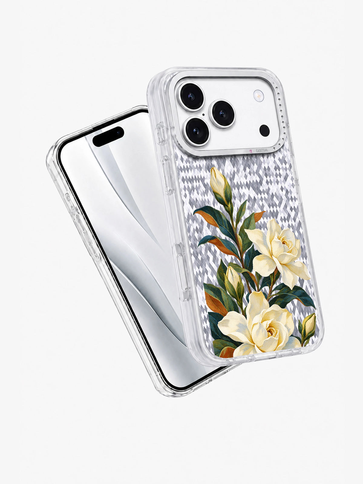 Gardenia Blue Shade transparent iPhone case angled view