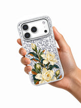 Gardenia Blue Shade transparent iPhone case held in hand