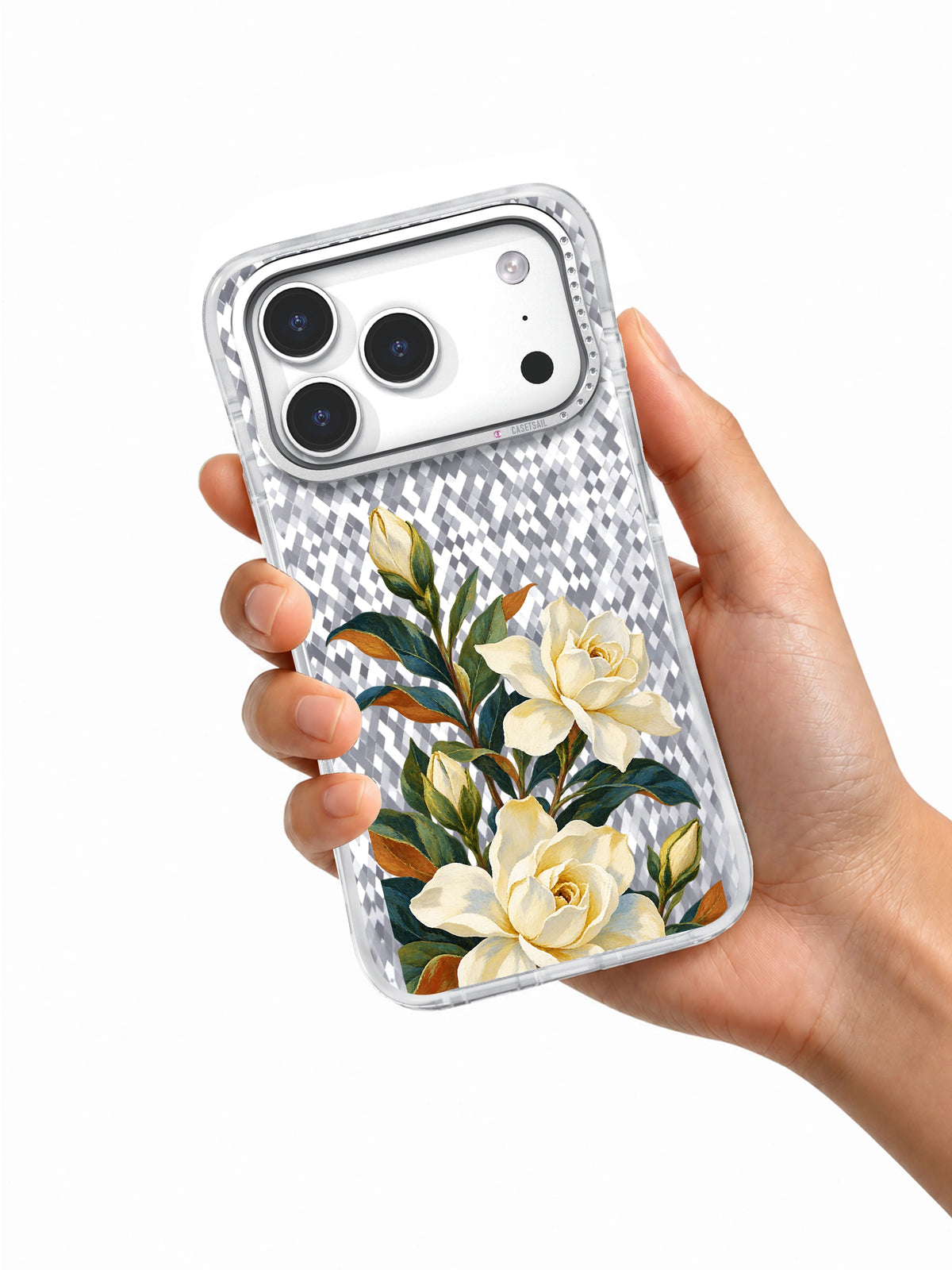 Gardenia Blue Shade transparent iPhone case held in hand