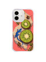 Blue gecko curving between two bright kiwi slices on a coral iPhone 16 case design