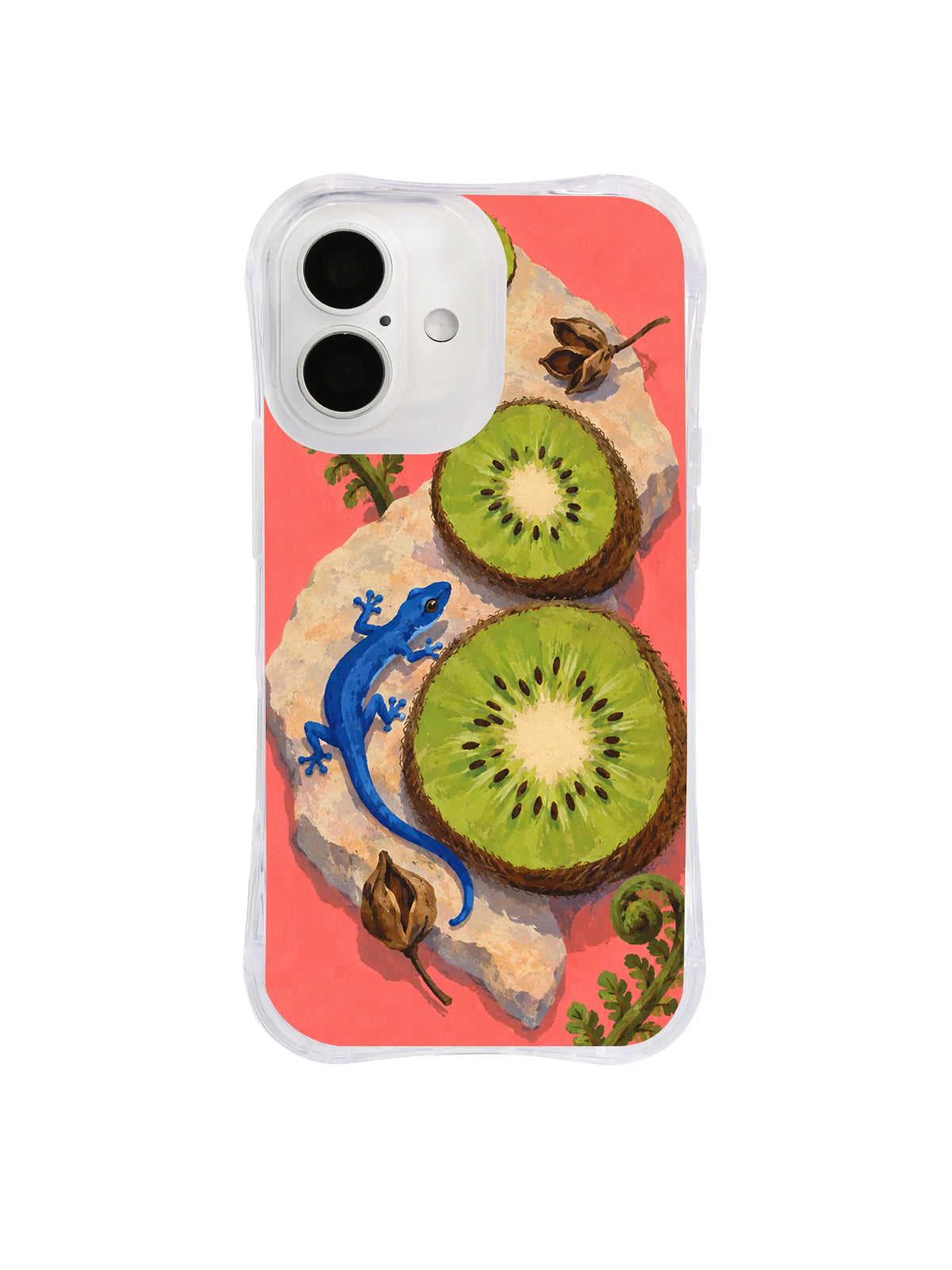 Blue gecko curving between two bright kiwi slices on a coral iPhone 16 case design