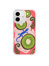 Transparent iPhone 16 case with cobalt gecko, kiwi slices, fern curls and seed pods on coral pink