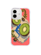 Cobalt gecko, kiwi fruit, curled fern and dry seed pods on a coral phone case illustration
