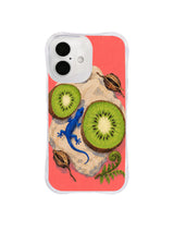 Gecko weaving around green kiwi slices and seed pods in a cottagecore iPhone case composition