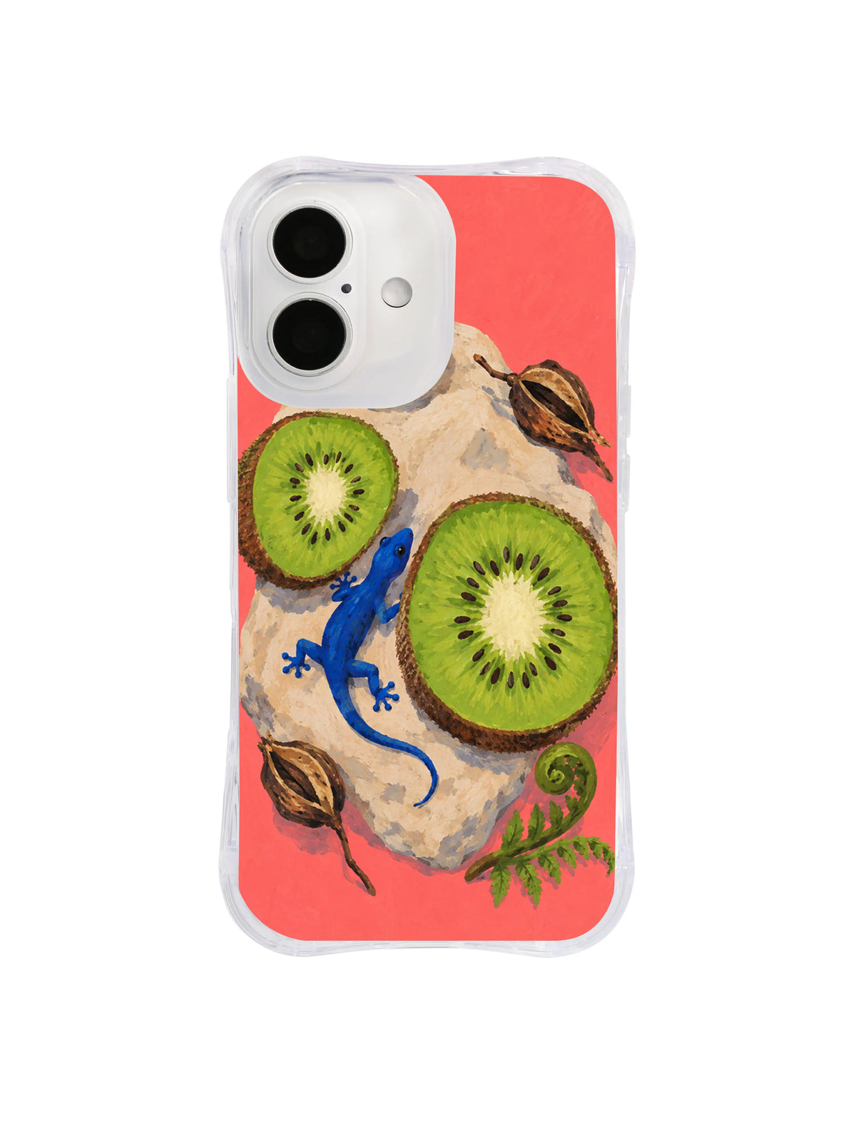 Gecko weaving around green kiwi slices and seed pods in a cottagecore iPhone case composition