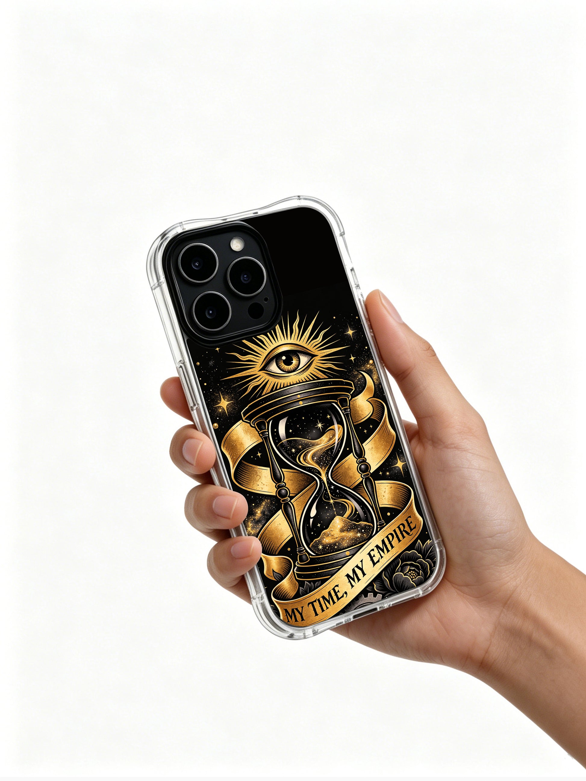 Geometric gear cluster base hourglass PhoneCasing, trendy iPhone 14 Plus Case with rhythm sovereignty vibe, drop proof sturdy mobile phone casing