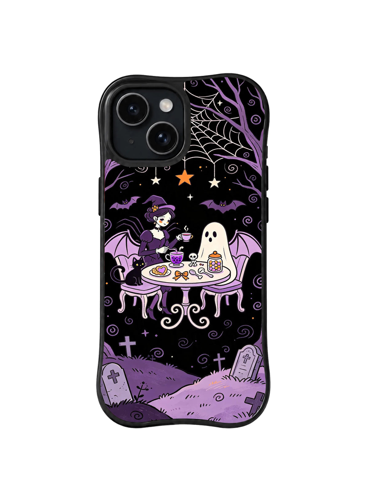 Ghost Cat Tea Table: A ghost, black cat and spider hostess gather at a purple tea table above graves.