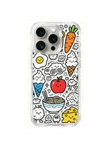Tiny ghost critters mixed with fresh food artwork iPhone 15 pro Case, flexible clear phone casing, unique hand-drawn art phone cover from PhoneCasing.