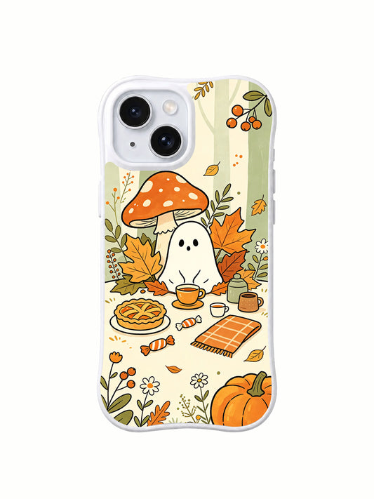 Ghost Tea Time in the Woods iPhone 14 case front view with a cozy mushroom ghost
