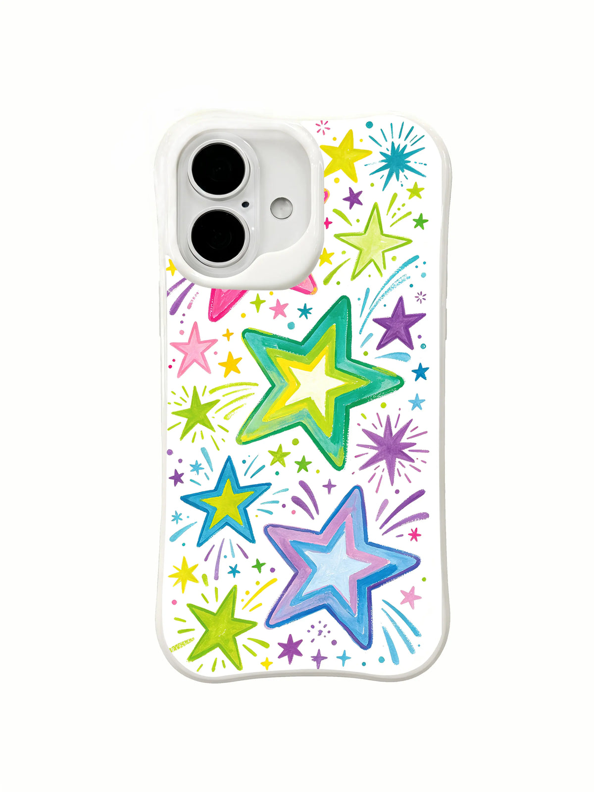 Giant Star Signals: Large layered green, yellow and lavender stars sit among smaller stars and firework marks.