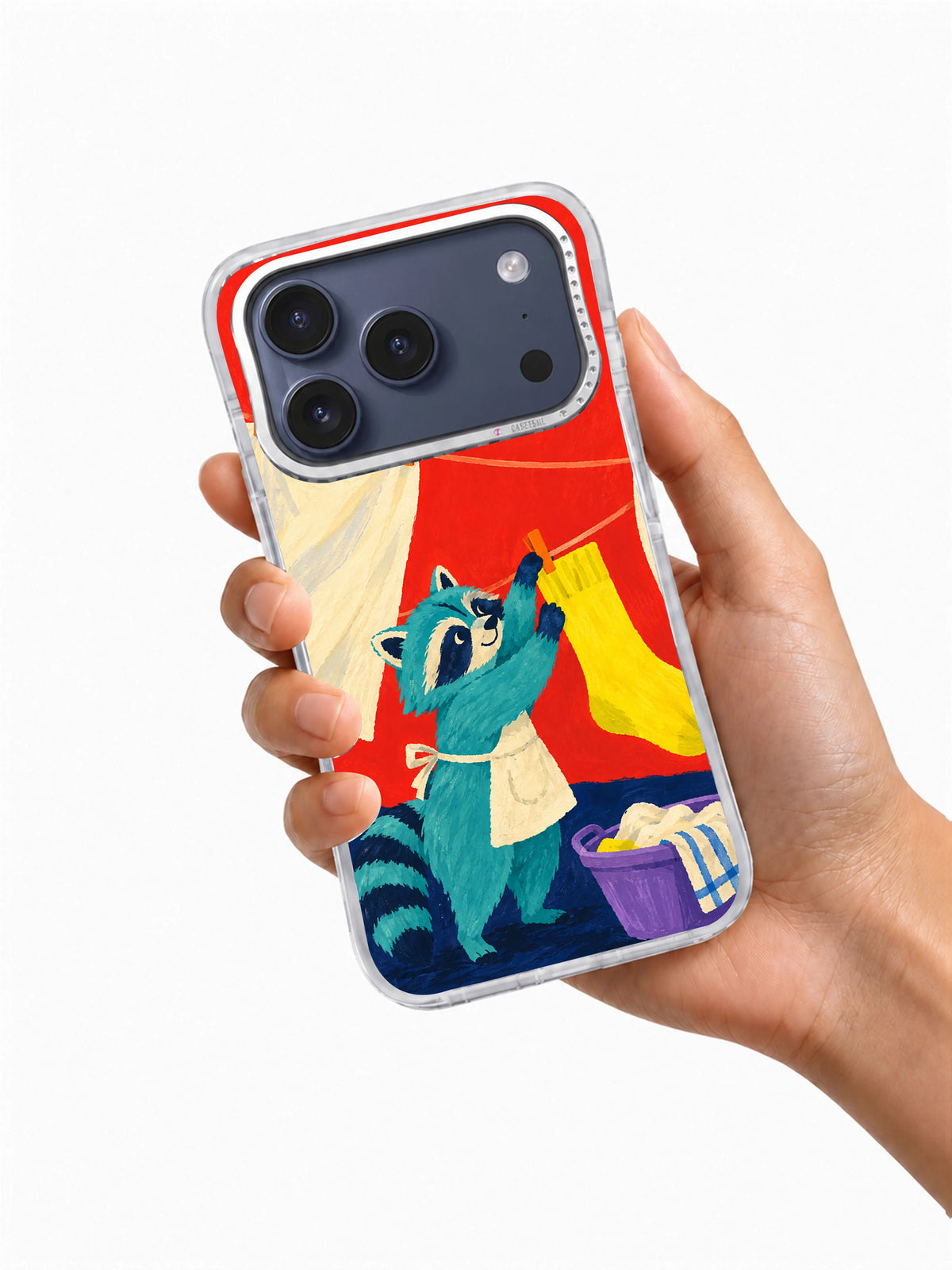 The Giant Yellow Sock transparent case held in hand for iPhone 17 Pro