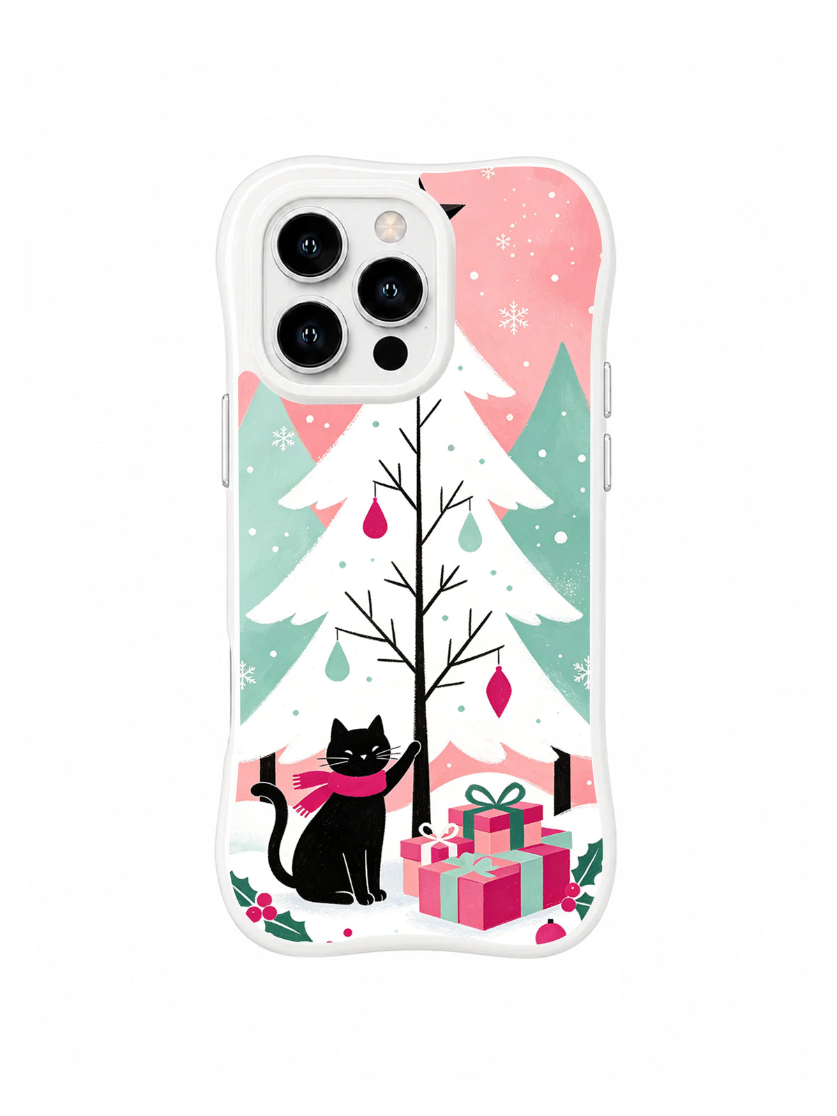 Black cat with raspberry scarf beneath a white fir and paper star on an iPhone 15 Pro case