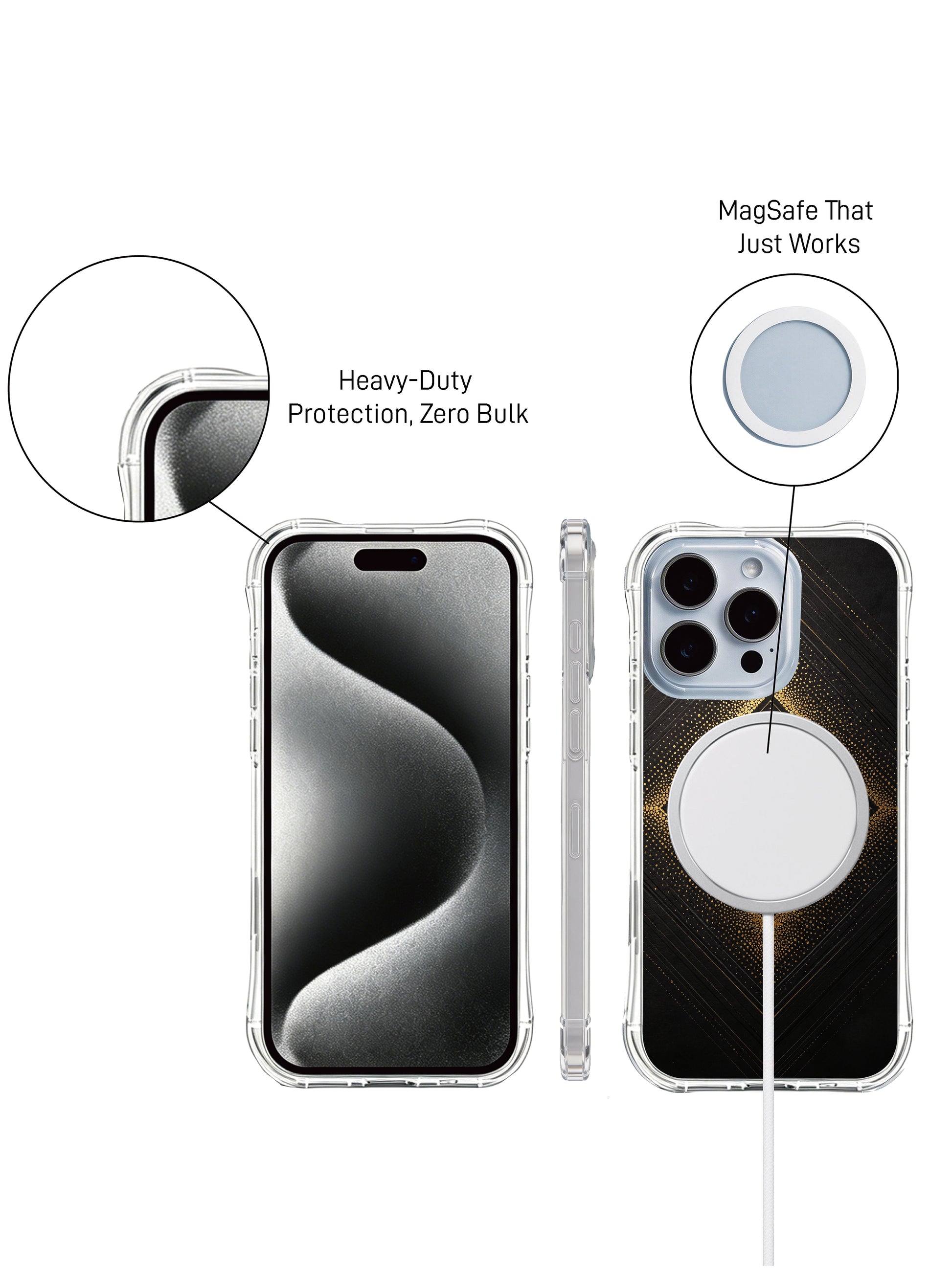 PhoneCasing iPhone 14 Pro Max Case with a gilded peak geometric pattern, drop-proof transparent cover with metallic gold highlights.
