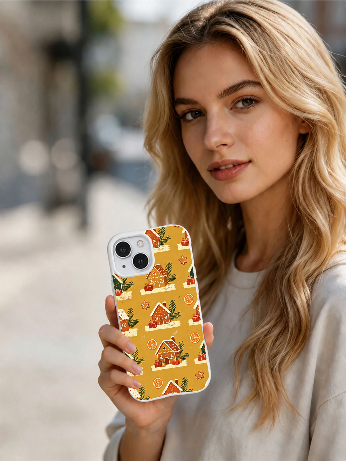 Person holding the Gingerbread Market iPhone 15 case