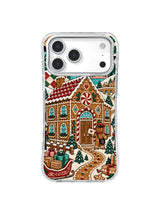 Candy-Cane Gable Post artwork on an iPhone case with an iced gingerbread post office, peppermint roof ornament, courier, parcels, trees, and winding path