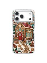 Cookie Trail Delivery Day artwork on an iPhone case with a red door post office, branching paths, star cookies, candy canes, gifts, and fir trees