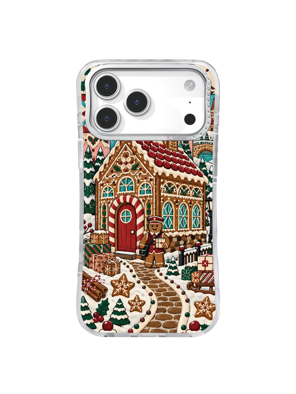 Cookie Trail Delivery Day artwork on an iPhone case with a red door post office, branching paths, star cookies, candy canes, gifts, and fir trees